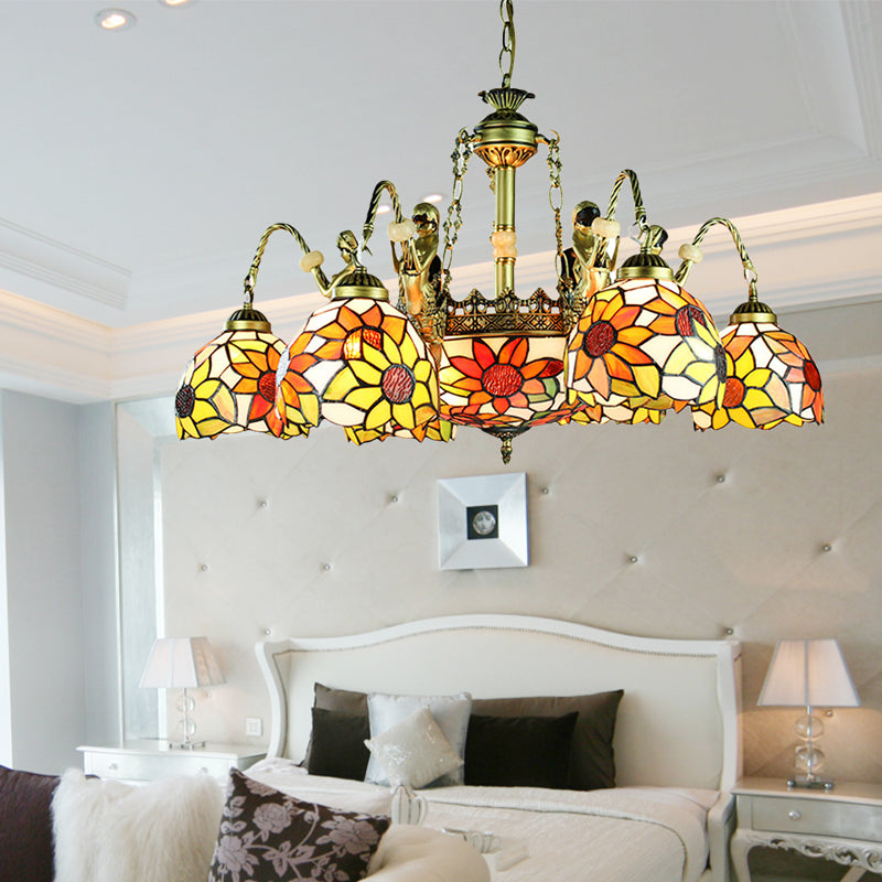 9/11 Lights Pendant Lighting Tiffany Sunflower Cut Glass Chandelier Lamp in Orange for Bedroom Clearhalo 'Ceiling Lights' 'Chandeliers' 'Industrial' 'Middle Century Chandeliers' 'Tiffany Chandeliers' 'Tiffany close to ceiling' 'Tiffany' Lighting' 177724