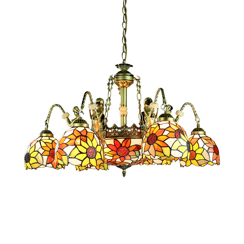 9/11 Lights Pendant Lighting Tiffany Sunflower Cut Glass Chandelier Lamp in Orange for Bedroom Clearhalo 'Ceiling Lights' 'Chandeliers' 'Industrial' 'Middle Century Chandeliers' 'Tiffany Chandeliers' 'Tiffany close to ceiling' 'Tiffany' Lighting' 177725
