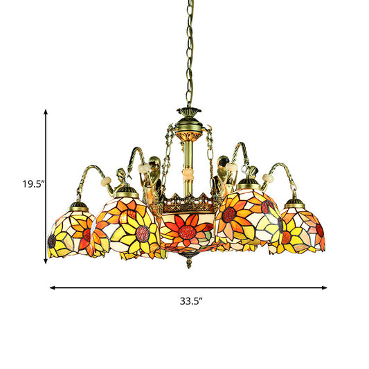 9/11 Lights Pendant Lighting Tiffany Sunflower Cut Glass Chandelier Lamp in Orange for Bedroom Clearhalo 'Ceiling Lights' 'Chandeliers' 'Industrial' 'Middle Century Chandeliers' 'Tiffany Chandeliers' 'Tiffany close to ceiling' 'Tiffany' Lighting' 177726