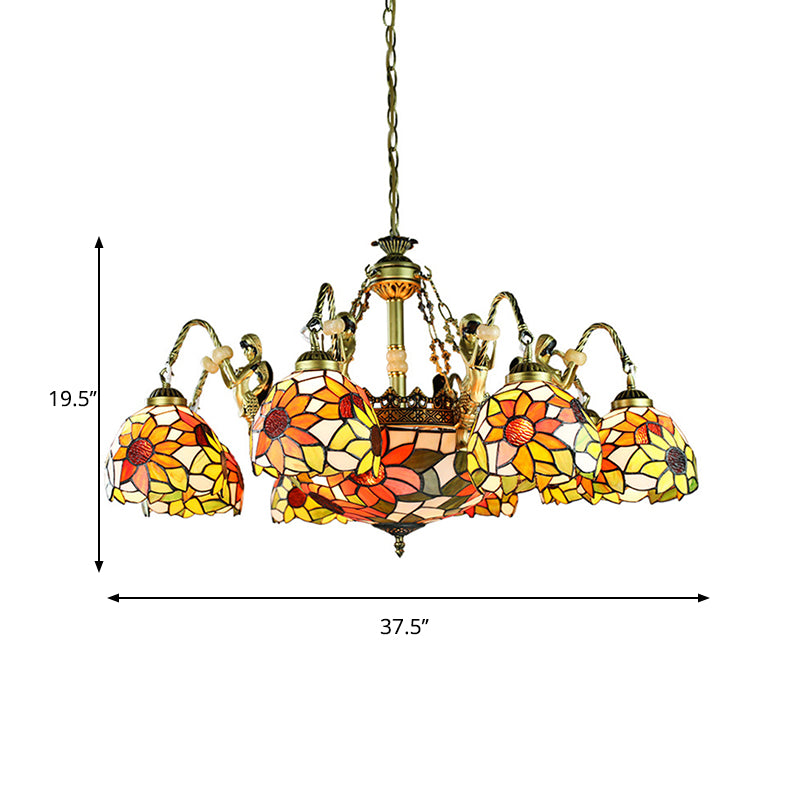 9/11 Lights Pendant Lighting Tiffany Sunflower Cut Glass Chandelier Lamp in Orange for Bedroom Clearhalo 'Ceiling Lights' 'Chandeliers' 'Industrial' 'Middle Century Chandeliers' 'Tiffany Chandeliers' 'Tiffany close to ceiling' 'Tiffany' Lighting' 177729
