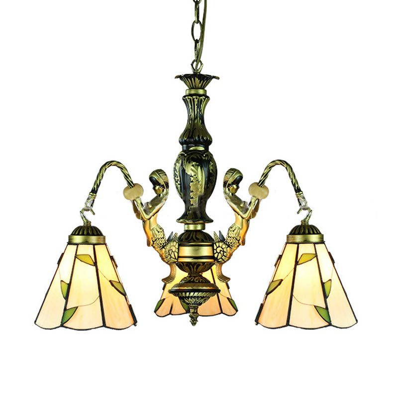 Beige 3 Lights Chandelier Light Fixture Tiffany Cut Glass Mermaid Pendant Lamp for Dining Room Clearhalo 'Ceiling Lights' 'Chandeliers' 'Industrial' 'Middle Century Chandeliers' 'Tiffany Chandeliers' 'Tiffany close to ceiling' 'Tiffany' Lighting' 177732