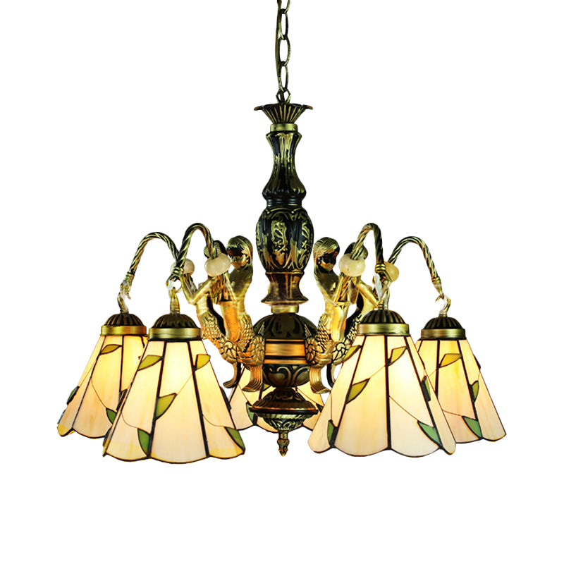 Conical Pendant Chandelier 5 Lights Cut Glass Tiffany Style Hanging Fixture in Beige Clearhalo 'Ceiling Lights' 'Chandeliers' 'Industrial' 'Middle Century Chandeliers' 'Tiffany Chandeliers' 'Tiffany close to ceiling' 'Tiffany' Lighting' 177736