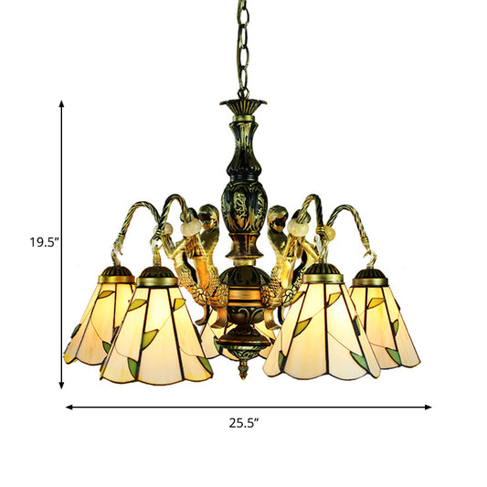 Conical Pendant Chandelier 5 Lights Cut Glass Tiffany Style Hanging Fixture in Beige Clearhalo 'Ceiling Lights' 'Chandeliers' 'Industrial' 'Middle Century Chandeliers' 'Tiffany Chandeliers' 'Tiffany close to ceiling' 'Tiffany' Lighting' 177737