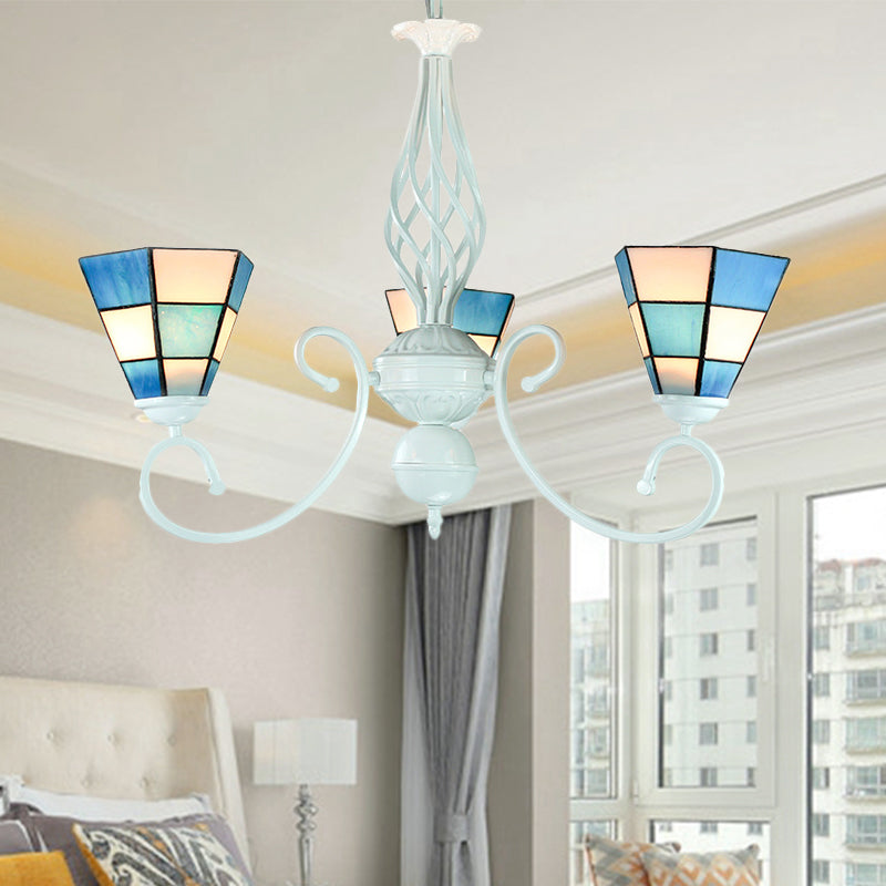 Cone Shade Foyer Pendant Light with Metal Chain Mediterranean Blue Glass Chandelier Lamp Blue Clearhalo 'Ceiling Lights' 'Chandeliers' 'Industrial' 'Middle Century Chandeliers' 'Tiffany Chandeliers' 'Tiffany close to ceiling' 'Tiffany' Lighting' 177738