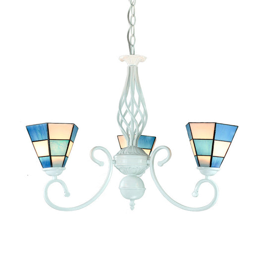 Cone Shade Foyer Pendant Light with Metal Chain Mediterranean Blue Glass Chandelier Lamp Clearhalo 'Ceiling Lights' 'Chandeliers' 'Industrial' 'Middle Century Chandeliers' 'Tiffany Chandeliers' 'Tiffany close to ceiling' 'Tiffany' Lighting' 177740