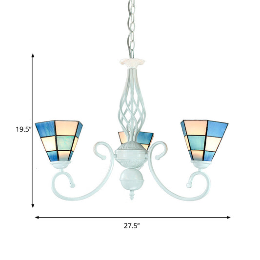 Cone Shade Foyer Pendant Light with Metal Chain Mediterranean Blue Glass Chandelier Lamp Clearhalo 'Ceiling Lights' 'Chandeliers' 'Industrial' 'Middle Century Chandeliers' 'Tiffany Chandeliers' 'Tiffany close to ceiling' 'Tiffany' Lighting' 177741