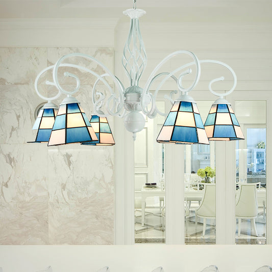 Mediterranean Cone Chandelier with Curved Arm 6/8 Heads Blue Glass Pendant Lighting for Living Room 6 Blue Clearhalo 'Ceiling Lights' 'Chandeliers' 'Industrial' 'Middle Century Chandeliers' 'Tiffany Chandeliers' 'Tiffany close to ceiling' 'Tiffany' Lighting' 177746