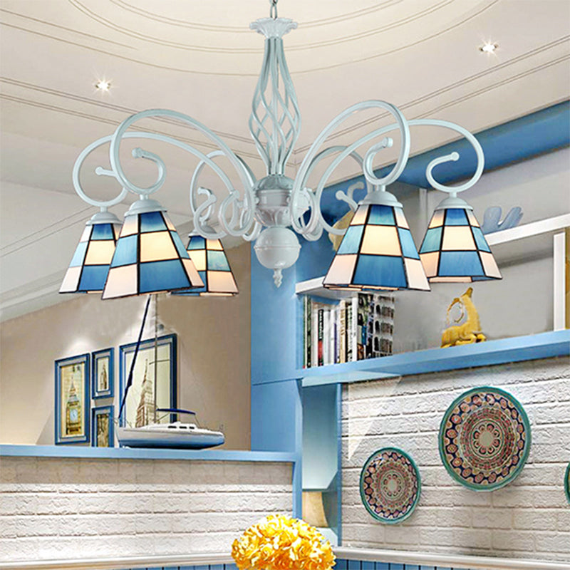 Mediterranean Cone Chandelier with Curved Arm 6/8 Heads Blue Glass Pendant Lighting for Living Room Clearhalo 'Ceiling Lights' 'Chandeliers' 'Industrial' 'Middle Century Chandeliers' 'Tiffany Chandeliers' 'Tiffany close to ceiling' 'Tiffany' Lighting' 177747
