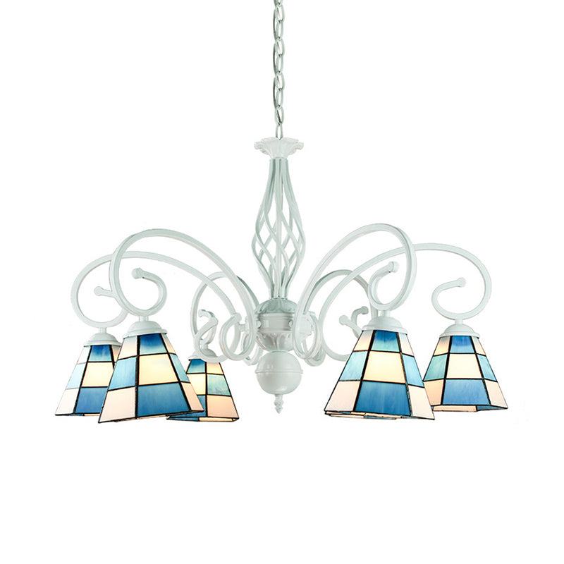 Mediterranean Cone Chandelier with Curved Arm 6/8 Heads Blue Glass Pendant Lighting for Living Room Clearhalo 'Ceiling Lights' 'Chandeliers' 'Industrial' 'Middle Century Chandeliers' 'Tiffany Chandeliers' 'Tiffany close to ceiling' 'Tiffany' Lighting' 177748