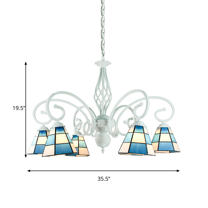 Mediterranean Cone Chandelier with Curved Arm 6/8 Heads Blue Glass Pendant Lighting for Living Room Clearhalo 'Ceiling Lights' 'Chandeliers' 'Industrial' 'Middle Century Chandeliers' 'Tiffany Chandeliers' 'Tiffany close to ceiling' 'Tiffany' Lighting' 177749