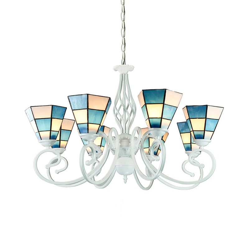 Mediterranean Cone Chandelier with Curved Arm 6/8 Heads Blue Glass Pendant Lighting for Living Room Clearhalo 'Ceiling Lights' 'Chandeliers' 'Industrial' 'Middle Century Chandeliers' 'Tiffany Chandeliers' 'Tiffany close to ceiling' 'Tiffany' Lighting' 177751