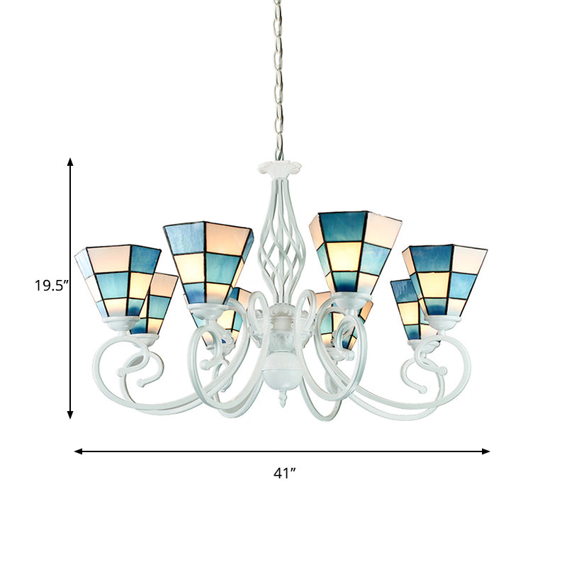 Mediterranean Cone Chandelier with Curved Arm 6/8 Heads Blue Glass Pendant Lighting for Living Room Clearhalo 'Ceiling Lights' 'Chandeliers' 'Industrial' 'Middle Century Chandeliers' 'Tiffany Chandeliers' 'Tiffany close to ceiling' 'Tiffany' Lighting' 177752