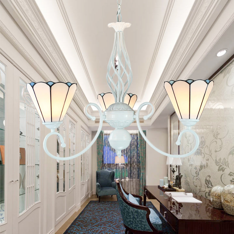 White Glass Cone Ceiling Chandelier Adjustable 3 Lights Foyer Pendant Light with Curved Arm White Clearhalo 'Ceiling Lights' 'Chandeliers' 'Industrial' 'Middle Century Chandeliers' 'Tiffany Chandeliers' 'Tiffany close to ceiling' 'Tiffany' Lighting' 177753