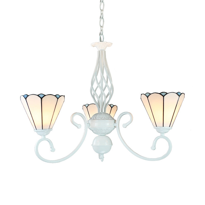 White Glass Cone Ceiling Chandelier Adjustable 3 Lights Foyer Pendant Light with Curved Arm Clearhalo 'Ceiling Lights' 'Chandeliers' 'Industrial' 'Middle Century Chandeliers' 'Tiffany Chandeliers' 'Tiffany close to ceiling' 'Tiffany' Lighting' 177755