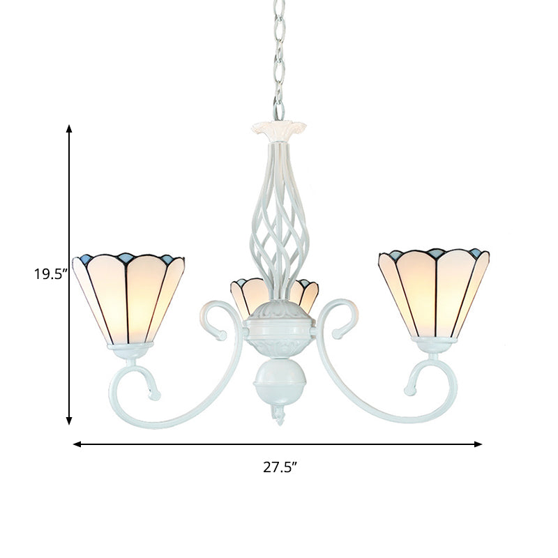 White Glass Cone Ceiling Chandelier Adjustable 3 Lights Foyer Pendant Light with Curved Arm Clearhalo 'Ceiling Lights' 'Chandeliers' 'Industrial' 'Middle Century Chandeliers' 'Tiffany Chandeliers' 'Tiffany close to ceiling' 'Tiffany' Lighting' 177756