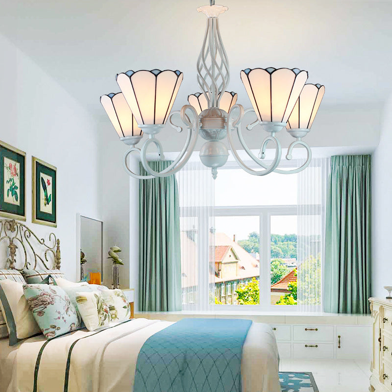 5 Lights Cone Chandelier with Adjustable Chain White Glass Traditional Pendant Light for Bedroom Clearhalo 'Ceiling Lights' 'Chandeliers' 'Industrial' 'Middle Century Chandeliers' 'Tiffany Chandeliers' 'Tiffany close to ceiling' 'Tiffany' Lighting' 177762
