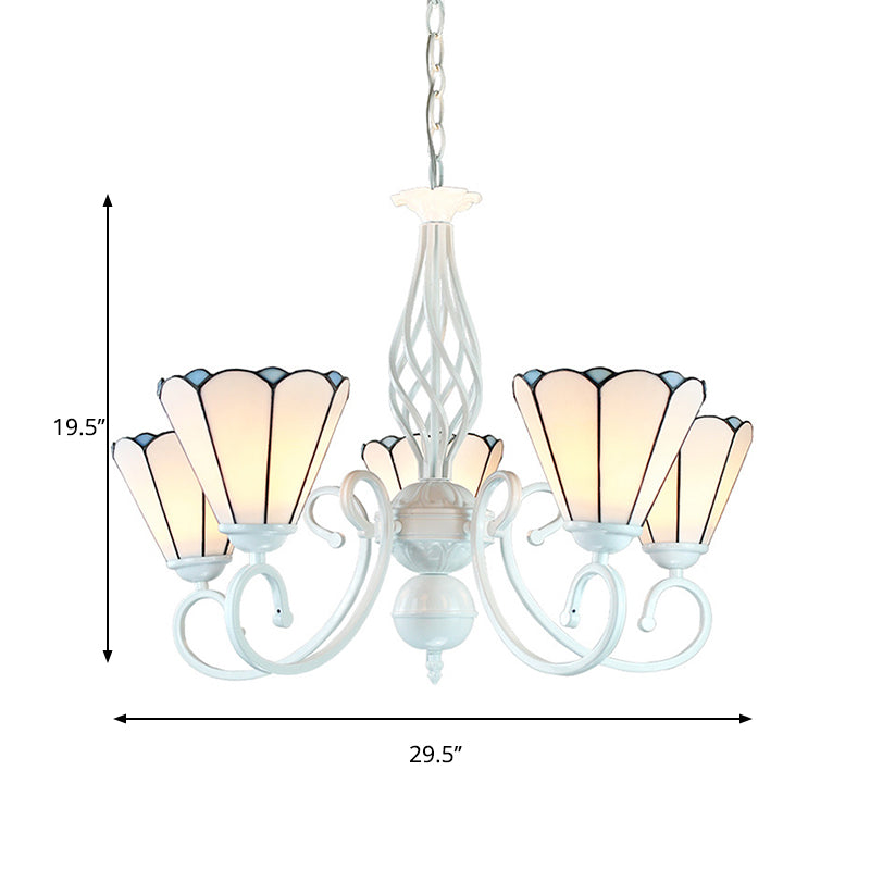 5 Lights Cone Chandelier with Adjustable Chain White Glass Traditional Pendant Light for Bedroom Clearhalo 'Ceiling Lights' 'Chandeliers' 'Industrial' 'Middle Century Chandeliers' 'Tiffany Chandeliers' 'Tiffany close to ceiling' 'Tiffany' Lighting' 177764