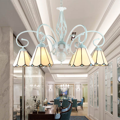 6/8 Lights Traditional Cone Pendant Lighting with Metal Chain Adjustable Stained Glass Chandelier in White 6 White Clearhalo 'Ceiling Lights' 'Chandeliers' 'Industrial' 'Middle Century Chandeliers' 'Tiffany Chandeliers' 'Tiffany close to ceiling' 'Tiffany' Lighting' 177765