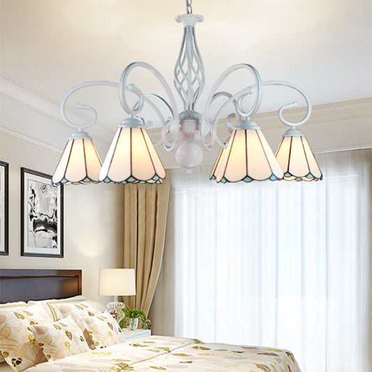 6/8 Lights Traditional Cone Pendant Lighting with Metal Chain Adjustable Stained Glass Chandelier in White Clearhalo 'Ceiling Lights' 'Chandeliers' 'Industrial' 'Middle Century Chandeliers' 'Tiffany Chandeliers' 'Tiffany close to ceiling' 'Tiffany' Lighting' 177766