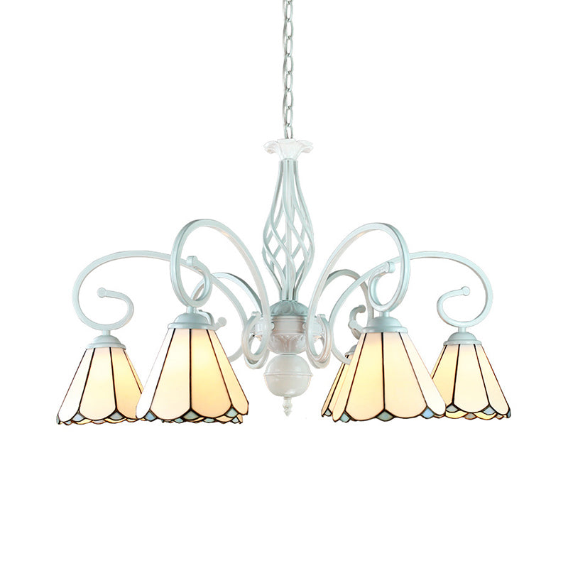 6/8 Lights Traditional Cone Pendant Lighting with Metal Chain Adjustable Stained Glass Chandelier in White Clearhalo 'Ceiling Lights' 'Chandeliers' 'Industrial' 'Middle Century Chandeliers' 'Tiffany Chandeliers' 'Tiffany close to ceiling' 'Tiffany' Lighting' 177767