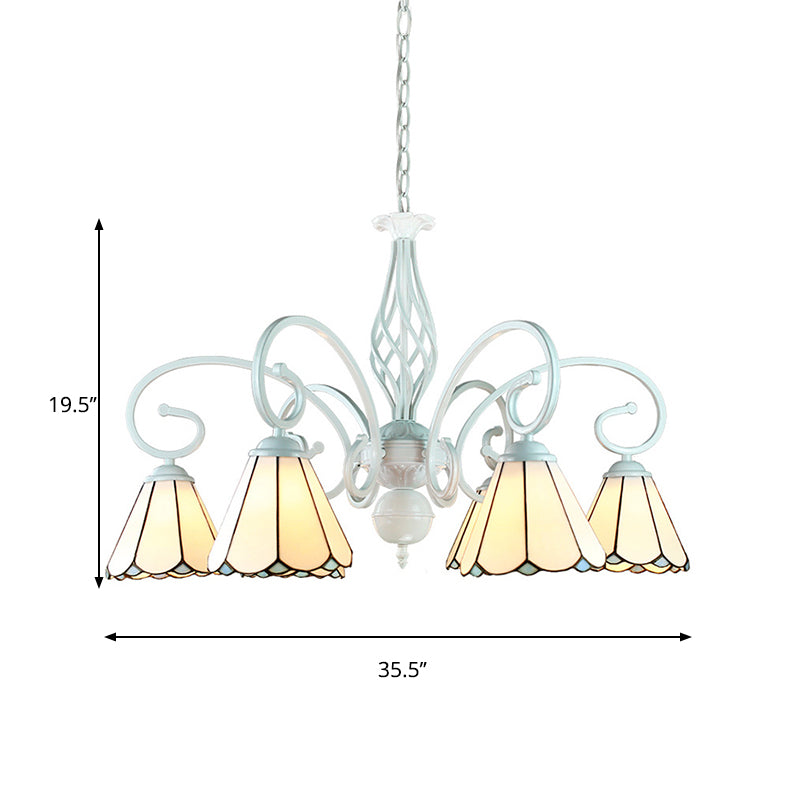 6/8 Lights Traditional Cone Pendant Lighting with Metal Chain Adjustable Stained Glass Chandelier in White Clearhalo 'Ceiling Lights' 'Chandeliers' 'Industrial' 'Middle Century Chandeliers' 'Tiffany Chandeliers' 'Tiffany close to ceiling' 'Tiffany' Lighting' 177768