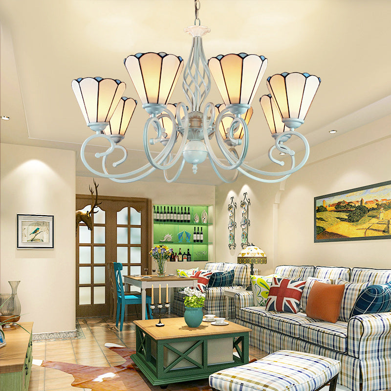 6/8 Lights Traditional Cone Pendant Lighting with Metal Chain Adjustable Stained Glass Chandelier in White 8 White Clearhalo 'Ceiling Lights' 'Chandeliers' 'Industrial' 'Middle Century Chandeliers' 'Tiffany Chandeliers' 'Tiffany close to ceiling' 'Tiffany' Lighting' 177769