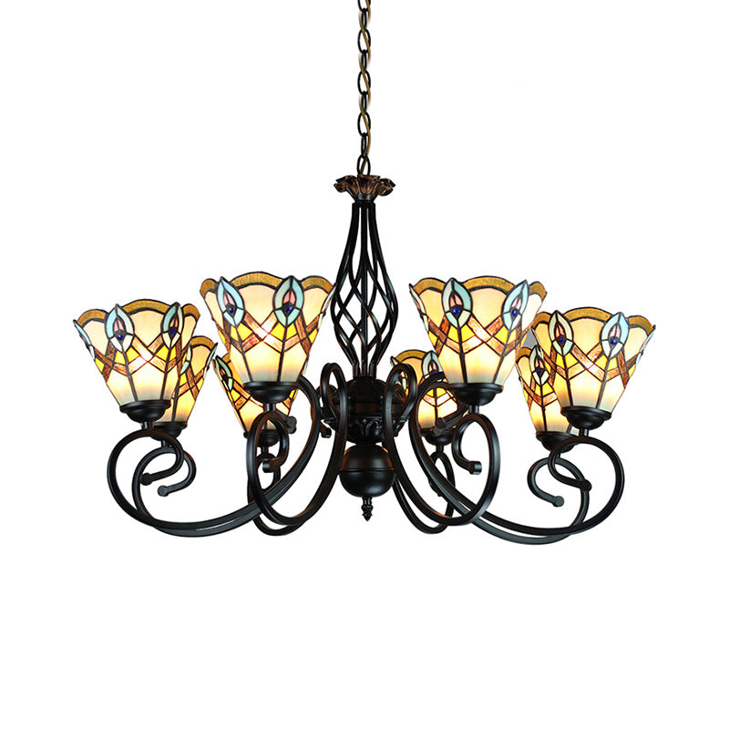 Conical Chandelier Lighting with Peacock Design 6/8 Lights Stained Glass Rustic Pendant Light Clearhalo 'Ceiling Lights' 'Chandeliers' 'Industrial' 'Middle Century Chandeliers' 'Tiffany Chandeliers' 'Tiffany close to ceiling' 'Tiffany' Lighting' 177792