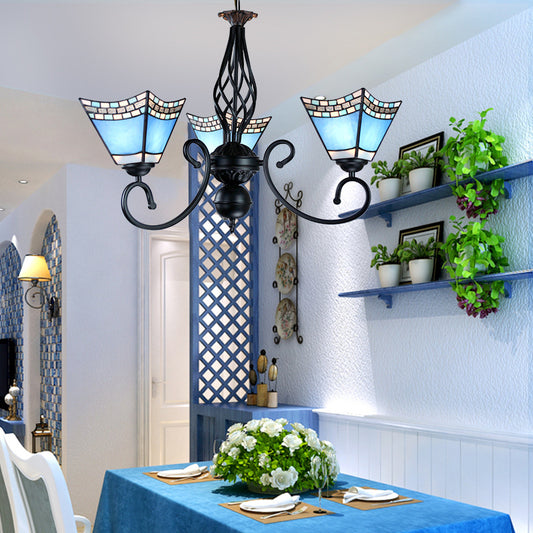 Nautical Pyramid Hanging Chandelier 3 Lights Blue Glass Dining Room Pendant Light Clearhalo 'Ceiling Lights' 'Chandeliers' 'Industrial' 'Middle Century Chandeliers' 'Tiffany Chandeliers' 'Tiffany close to ceiling' 'Tiffany' Lighting' 177799