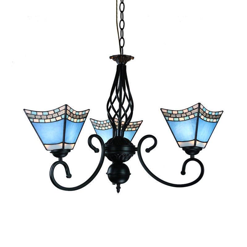 Nautical Pyramid Hanging Chandelier 3 Lights Blue Glass Dining Room Pendant Light Clearhalo 'Ceiling Lights' 'Chandeliers' 'Industrial' 'Middle Century Chandeliers' 'Tiffany Chandeliers' 'Tiffany close to ceiling' 'Tiffany' Lighting' 177800
