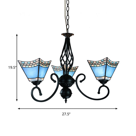 Nautical Pyramid Hanging Chandelier 3 Lights Blue Glass Dining Room Pendant Light Clearhalo 'Ceiling Lights' 'Chandeliers' 'Industrial' 'Middle Century Chandeliers' 'Tiffany Chandeliers' 'Tiffany close to ceiling' 'Tiffany' Lighting' 177801