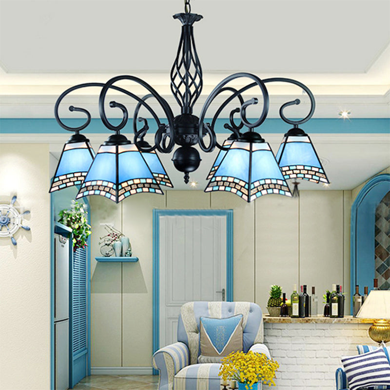 Blue Glass Pyramid Hanging Ceiling Light 6 Lights Nautical Style Suspension Light for Living Room Clearhalo 'Ceiling Lights' 'Chandeliers' 'Industrial' 'Middle Century Chandeliers' 'Tiffany Chandeliers' 'Tiffany close to ceiling' 'Tiffany' Lighting' 177803