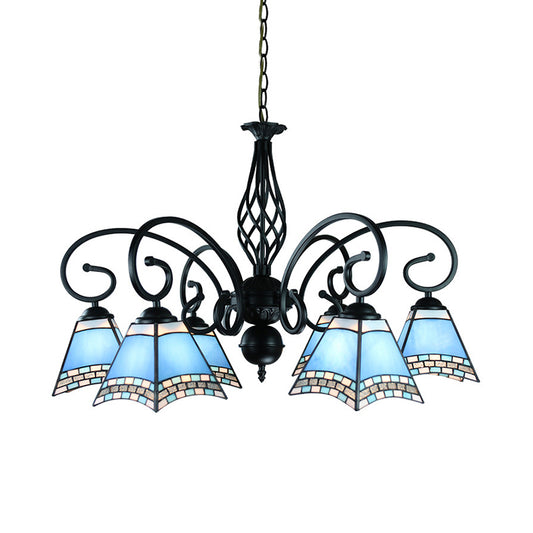 Blue Glass Pyramid Hanging Ceiling Light 6 Lights Nautical Style Suspension Light for Living Room Clearhalo 'Ceiling Lights' 'Chandeliers' 'Industrial' 'Middle Century Chandeliers' 'Tiffany Chandeliers' 'Tiffany close to ceiling' 'Tiffany' Lighting' 177804