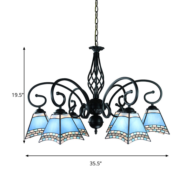 Blue Glass Pyramid Hanging Ceiling Light 6 Lights Nautical Style Suspension Light for Living Room Clearhalo 'Ceiling Lights' 'Chandeliers' 'Industrial' 'Middle Century Chandeliers' 'Tiffany Chandeliers' 'Tiffany close to ceiling' 'Tiffany' Lighting' 177805