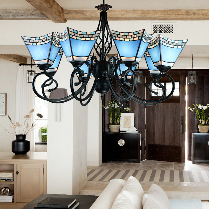 Nautical Blue Chandelier with Pyramid Shade Stained Glass Multi Glass Living Room Lighting Blue Clearhalo 'Ceiling Lights' 'Chandeliers' 'Industrial' 'Middle Century Chandeliers' 'Tiffany Chandeliers' 'Tiffany close to ceiling' 'Tiffany' Lighting' 177806