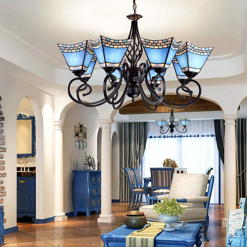 Nautical Blue Chandelier with Pyramid Shade Stained Glass Multi Glass Living Room Lighting Clearhalo 'Ceiling Lights' 'Chandeliers' 'Industrial' 'Middle Century Chandeliers' 'Tiffany Chandeliers' 'Tiffany close to ceiling' 'Tiffany' Lighting' 177807