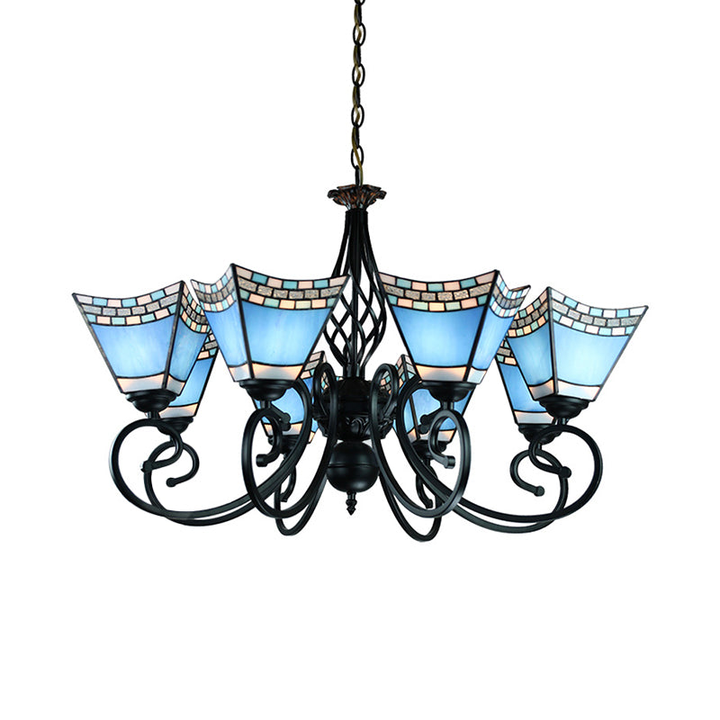 Nautical Blue Chandelier with Pyramid Shade Stained Glass Multi Glass Living Room Lighting Clearhalo 'Ceiling Lights' 'Chandeliers' 'Industrial' 'Middle Century Chandeliers' 'Tiffany Chandeliers' 'Tiffany close to ceiling' 'Tiffany' Lighting' 177808