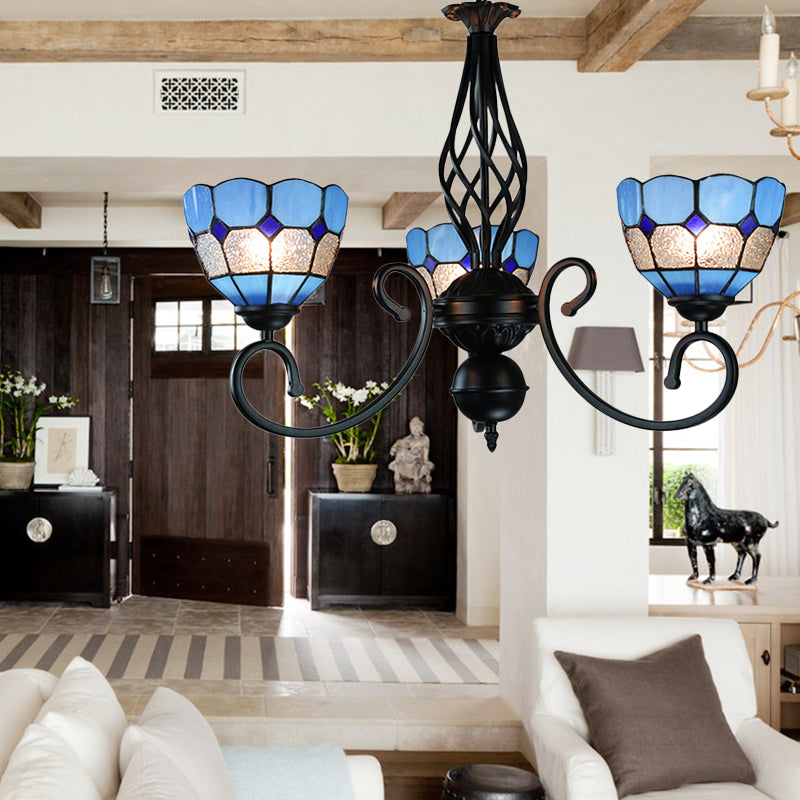 Mediterranean Bowl Pendant Light with Curved Arm Blue Glass 3 Lights Foyer Chandelier Blue Clearhalo 'Ceiling Lights' 'Chandeliers' 'Industrial' 'Middle Century Chandeliers' 'Tiffany Chandeliers' 'Tiffany close to ceiling' 'Tiffany' Lighting' 177814