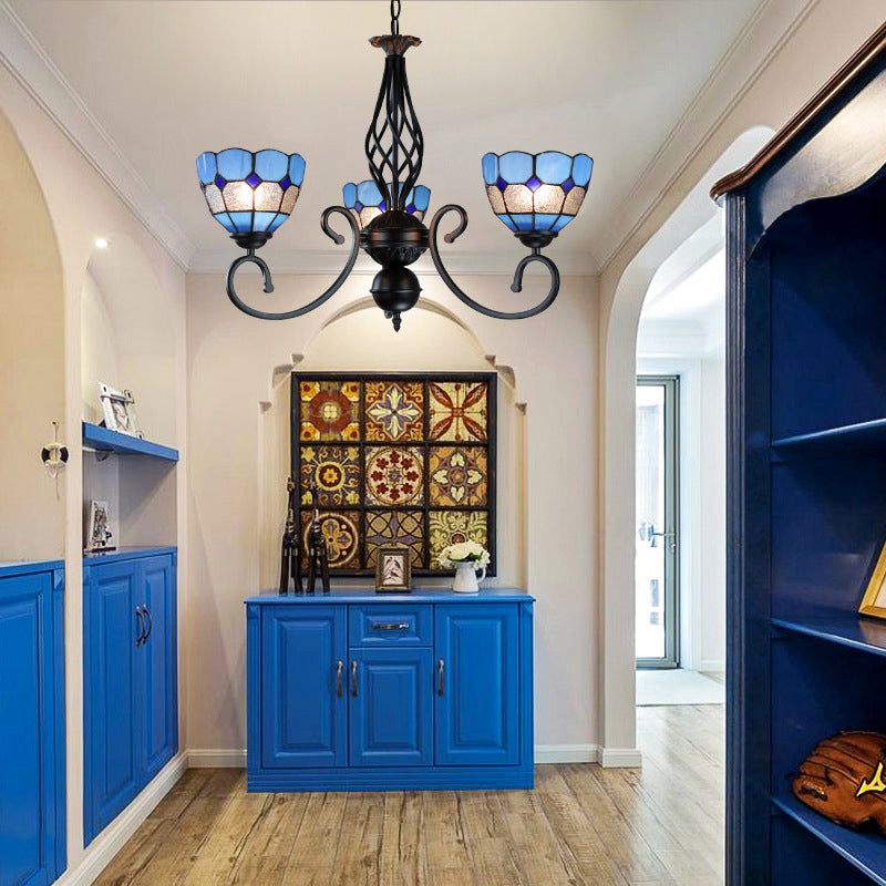 Mediterranean Bowl Pendant Light with Curved Arm Blue Glass 3 Lights Foyer Chandelier Clearhalo 'Ceiling Lights' 'Chandeliers' 'Industrial' 'Middle Century Chandeliers' 'Tiffany Chandeliers' 'Tiffany close to ceiling' 'Tiffany' Lighting' 177815