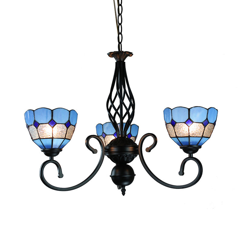 Mediterranean Bowl Pendant Light with Curved Arm Blue Glass 3 Lights Foyer Chandelier Clearhalo 'Ceiling Lights' 'Chandeliers' 'Industrial' 'Middle Century Chandeliers' 'Tiffany Chandeliers' 'Tiffany close to ceiling' 'Tiffany' Lighting' 177816