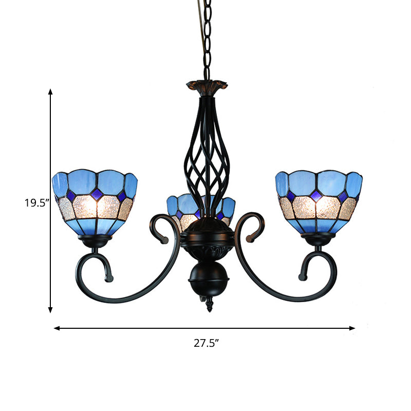 Mediterranean Bowl Pendant Light with Curved Arm Blue Glass 3 Lights Foyer Chandelier Clearhalo 'Ceiling Lights' 'Chandeliers' 'Industrial' 'Middle Century Chandeliers' 'Tiffany Chandeliers' 'Tiffany close to ceiling' 'Tiffany' Lighting' 177817