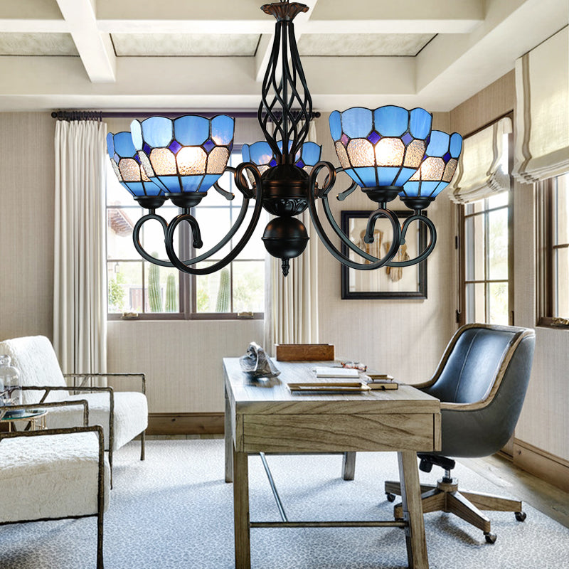 5 Lights Bowl Chandelier Lighting with Adjustable Chain Glass Shade Mediterranean Blue Pendant Light Blue Clearhalo 'Ceiling Lights' 'Chandeliers' 'Industrial' 'Middle Century Chandeliers' 'Tiffany Chandeliers' 'Tiffany close to ceiling' 'Tiffany' Lighting' 177825