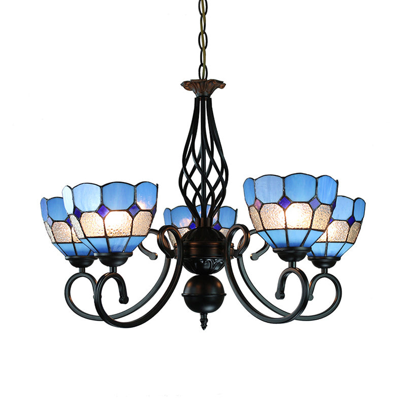 5 Lights Bowl Chandelier Lighting with Adjustable Chain Glass Shade Mediterranean Blue Pendant Light Clearhalo 'Ceiling Lights' 'Chandeliers' 'Industrial' 'Middle Century Chandeliers' 'Tiffany Chandeliers' 'Tiffany close to ceiling' 'Tiffany' Lighting' 177827