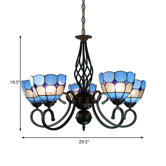 5 Lights Bowl Chandelier Lighting with Adjustable Chain Glass Shade Mediterranean Blue Pendant Light Clearhalo 'Ceiling Lights' 'Chandeliers' 'Industrial' 'Middle Century Chandeliers' 'Tiffany Chandeliers' 'Tiffany close to ceiling' 'Tiffany' Lighting' 177828