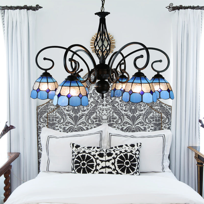 Dome Hanging Ceiling Light with Grid Design 6/8 Lights Blue Glass Tiffany Bedroom Lighting 6 Blue Clearhalo 'Ceiling Lights' 'Chandeliers' 'Industrial' 'Middle Century Chandeliers' 'Tiffany Chandeliers' 'Tiffany close to ceiling' 'Tiffany' Lighting' 177835