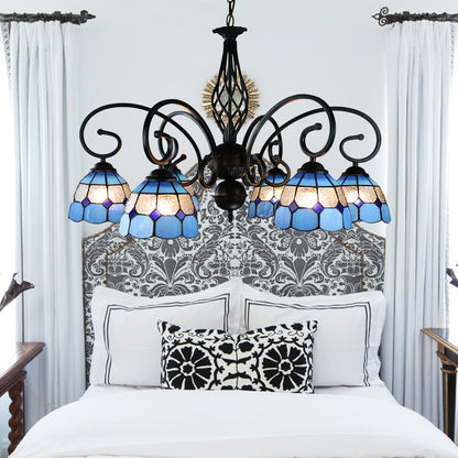 Dome Hanging Ceiling Light with Grid Design 6/8 Lights Blue Glass Tiffany Bedroom Lighting 6 Blue Clearhalo 'Ceiling Lights' 'Chandeliers' 'Industrial' 'Middle Century Chandeliers' 'Tiffany Chandeliers' 'Tiffany close to ceiling' 'Tiffany' Lighting' 177835