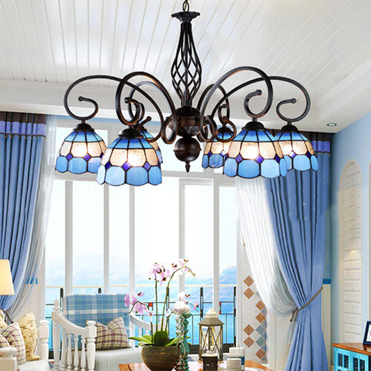 Dome Hanging Ceiling Light with Grid Design 6/8 Lights Blue Glass Tiffany Bedroom Lighting Clearhalo 'Ceiling Lights' 'Chandeliers' 'Industrial' 'Middle Century Chandeliers' 'Tiffany Chandeliers' 'Tiffany close to ceiling' 'Tiffany' Lighting' 177836