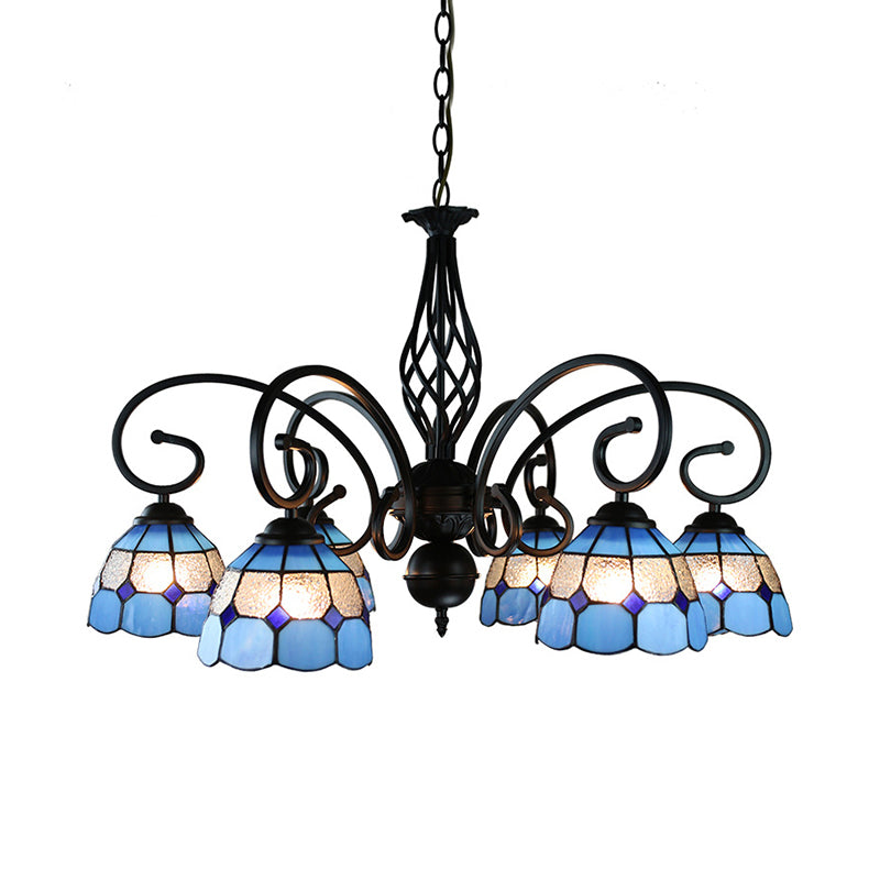 Dome Hanging Ceiling Light with Grid Design 6/8 Lights Blue Glass Tiffany Bedroom Lighting Clearhalo 'Ceiling Lights' 'Chandeliers' 'Industrial' 'Middle Century Chandeliers' 'Tiffany Chandeliers' 'Tiffany close to ceiling' 'Tiffany' Lighting' 177837