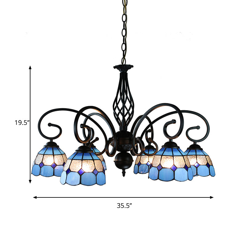 Dome Hanging Ceiling Light with Grid Design 6/8 Lights Blue Glass Tiffany Bedroom Lighting Clearhalo 'Ceiling Lights' 'Chandeliers' 'Industrial' 'Middle Century Chandeliers' 'Tiffany Chandeliers' 'Tiffany close to ceiling' 'Tiffany' Lighting' 177838