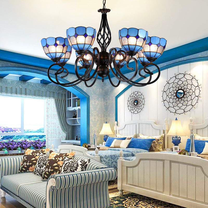 Dome Hanging Ceiling Light with Grid Design 6/8 Lights Blue Glass Tiffany Bedroom Lighting 8 Blue Clearhalo 'Ceiling Lights' 'Chandeliers' 'Industrial' 'Middle Century Chandeliers' 'Tiffany Chandeliers' 'Tiffany close to ceiling' 'Tiffany' Lighting' 177839