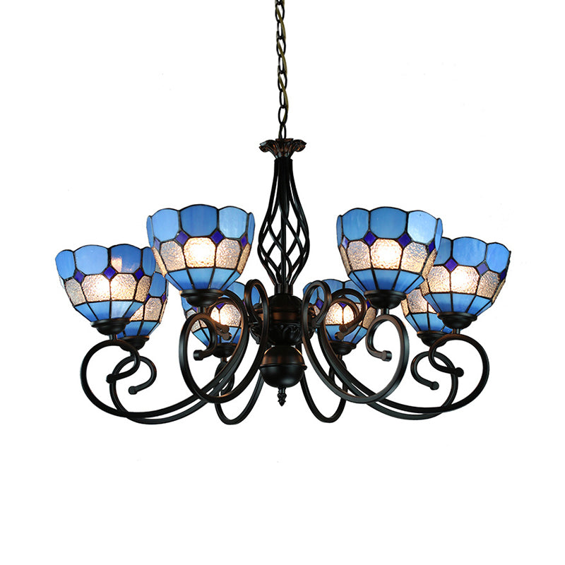 Dome Hanging Ceiling Light with Grid Design 6/8 Lights Blue Glass Tiffany Bedroom Lighting Clearhalo 'Ceiling Lights' 'Chandeliers' 'Industrial' 'Middle Century Chandeliers' 'Tiffany Chandeliers' 'Tiffany close to ceiling' 'Tiffany' Lighting' 177840